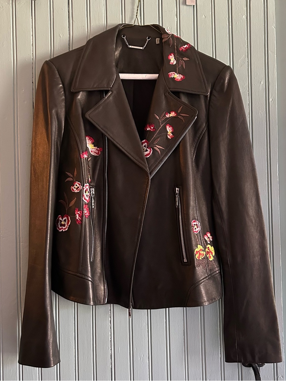 Buttery leather embroidered moto jacket. Elie Tahari SZ M